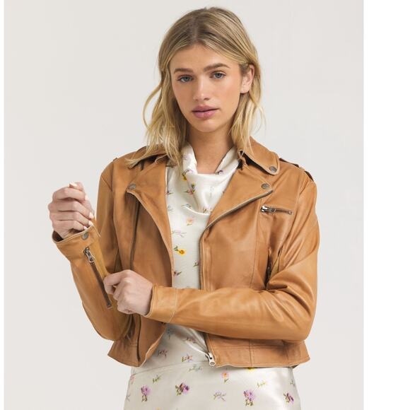 JKT NYC Piper Patina Leather Jacket Au Lait Tan Cropped Unlined Zippers Size XS - Picture 3 of 16